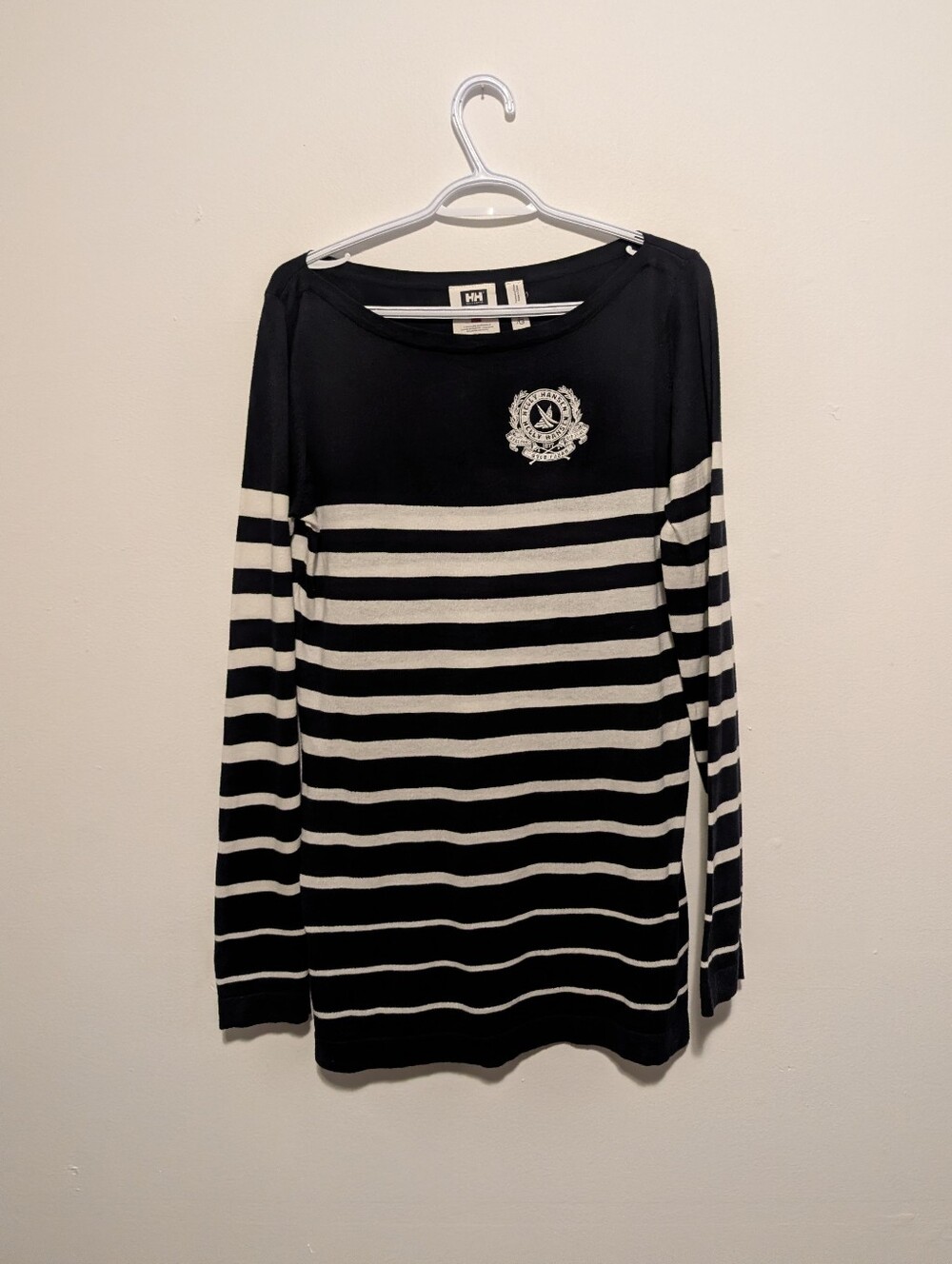 Helly Hansen 100% Cotton Striped Boatneck Nautical Knit Sweater Navy Classic  L